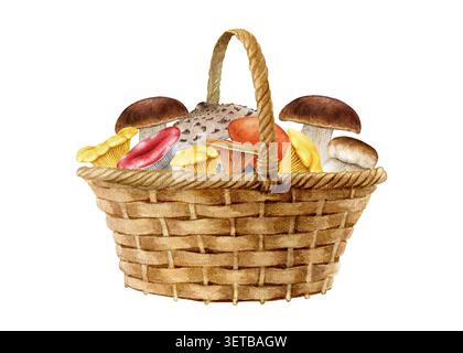 Korb gefüllt mit Waldpilzen isoliert auf weißem Hintergrund. Handgemalte Aquarellillustration für Verpackungen, Etiketten, Menüs Stockfoto