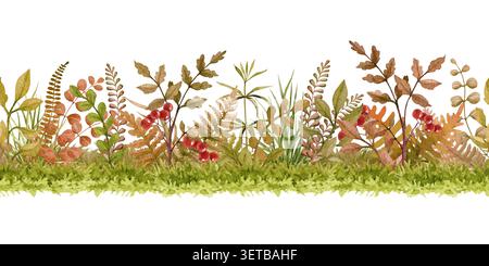 Nahtlose Grenze des Herbstwaldes mit Farnen und roten Beeren isoliert auf weißem Hintergrund. Aquarell handgemaltes Landschaftselement für Spiel Stockfoto
