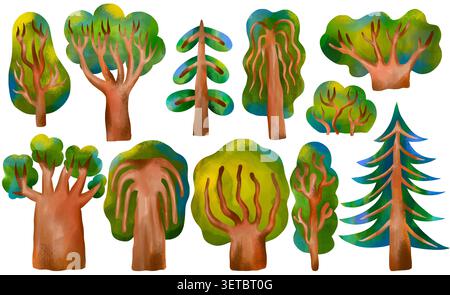 Handgezeichneter Cartoon Wald Baum Set isolierte Elemente für Kinder Zimmer Dekor Babydusche und Umwelt Tag Design Stockfoto
