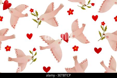 Feminines nahtloses Muster mit niedlichen Zeichentrickvögeln, die Blumen und Herzen halten handgezeichnete Illustration Textil Textur für pms Kalender Menstruation tra Stockfoto