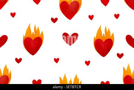 Rote Herzen und brennende Herzen nahtlose Muster Hand gezeichnete Illustration Hintergrund Hintergrund Hintergrund für Mädchen Macht Menstruation Schmerz schwere Fluss Periode Konzept Stockfoto