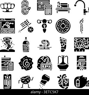 Sammlung von Symbolen mit schwarzen Glyphen, die eine breite Palette von Symbolen und Piktogrammen präsentieren, einschließlich Geschäfts-, Lebensmittel-, Natur- und Gesundheitskonzepten, auf einem weißen B Stock Vektor