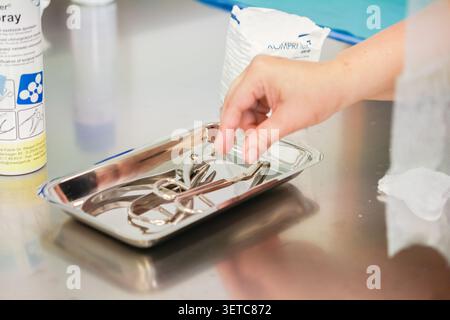 Nahaufnahme einer Hand, die Werkzeuge aus Edelstahl für eine Operation in einer sterilen klinischen Umgebung vorbereitet, wobei Sicherheitsprotokolle und medizinische Versorgung mit hervorgehoben werden Stockfoto