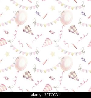 Festliches nahtloses Muster mit Ballons, Flaggengirlande, Partyhüten und Kerzen. Handgezeichnete Aquarellillustration isoliert für Geburtstage und Baby Stockfoto