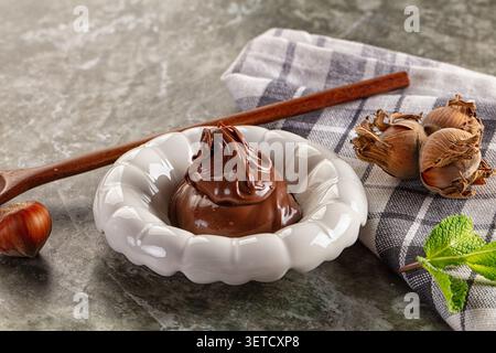 Reichhaltiger Schokoladen-Haselnussaufstrich in einer weißen Keramikschale mit ganzen Haselnüssen, Zimtstab und Minzblättern auf kariertem Tuch über Steinoberfläche Stockfoto