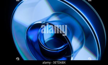Abstrakte Glaszylinderform mit chromatischer Dispersion und blauem irisierenden Licht auf schwarzem Hintergrund. Perfekt für luxuriöses Branding, technische Hintergründe Stockfoto