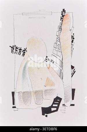 Zeitgenössische abstrakte Kunstwerke, die eine sitzende menschliche Figur mit geometrischen Formen und architektonischen Linienstrukturen kombinieren. Stockfoto