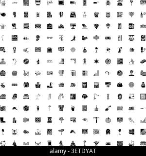 Große Sammlung von verschiedenen einfarbigen Glyphen-Symbolen auf weißem Hintergrund, mit Symbolen in Bezug auf Geschäft, Kommunikation, Reisen, Essen, Wetter, Stock Vektor