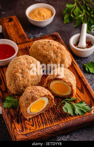 Traditionelle schottische Eier auf einem Holzbrett, auf dunklem Hintergrund. Stockfoto