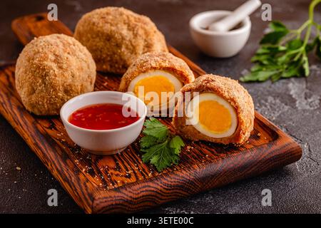 Traditionelle schottische Eier auf einem Holzbrett, auf dunklem Hintergrund. Stockfoto