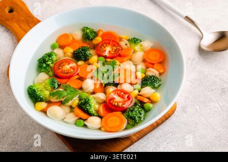 Hausgemachte Suppe mit Miniknödeln und Gemüse. Stockfoto