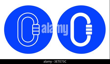 Dieses Set bietet einfache Karabiner-Symbole auf blauem, kreisförmigem Hintergrund, perfekt für Outdoor- und Abenteuermotive. Verwenden Sie diese Grafiken in verschiedenen Designs Stock Vektor