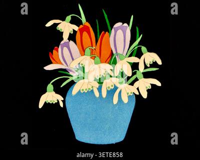 Hall Thorpe (1874-1947) - Krokus und Schneeglöckchen - um 1922 - das Bild zeigt einen Strauß aus weißen Schneeglöckchen und blassvioletten Krokussen, die in einer blauen Keramikvase auf schwarzem Hintergrund angeordnet sind. Stockfoto