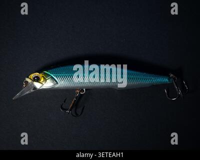 Generischer Fischköder mit Haken auf dunklem Hintergrund Stockfoto