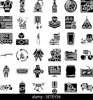 Eine vielfältige Sammlung detaillierter Glyphen-Symbole, die eine große Auswahl an Motiven veranschaulichen. Von Technik und Wissenschaft bis hin zu Alltagsgegenständen und Abstra Stock Vektor
