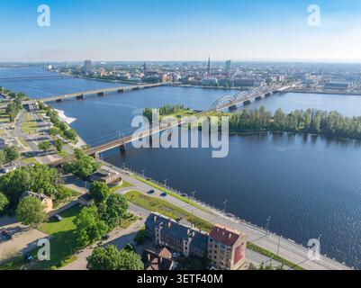 Panoramablick auf die Mūkusalas-Straße entlang der Daugava mit der Eisenbahnbrücke und der Skyline der Altstadt von Riga, Riga, Lettland. Stockfoto