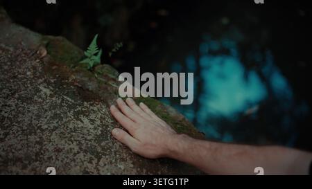 Die Hand liegt sanft auf moosiger Felsoberfläche auf. Kleine grüne Farnsprossen aus der Felsspalte. Unscharfer Waldhintergrund zeigt sanftes blaues Licht. Ruhige Verbindung Stockfoto