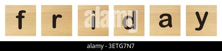 freitagsmeldung mit Holzblöcken auf weiß Stockfoto