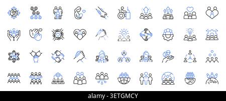 Linien-Symbole für Gesellschaft, Gemeinschaft, soziales Netzwerk und People Support setzen bearbeitbare Strichvektorillustration Stock Vektor