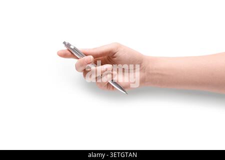 Weibliche Hand mit silbernem Metallstift auf weißem Hintergrund Stockfoto