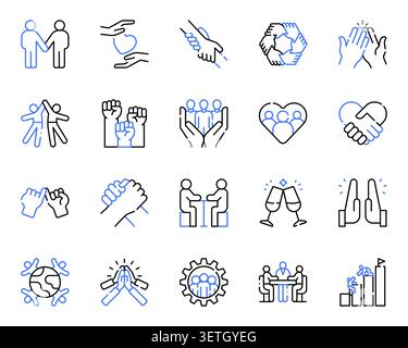 Liniensymbole für Teamarbeit, Partnerschaft und Zusammenarbeit setzen bearbeitbare Konturvektorillustration Stock Vektor