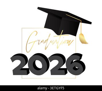 Design-Vorlage für Graduierung 2026 in Schwarz und Gold. Einladung zur Vintage-Party, Glückwunschveranstaltung, Grußkarte. Vector High School oder College Stock Vektor
