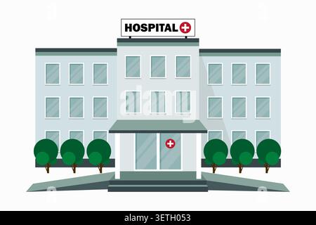 Dreistöckiges Krankenhausgebäude, Vorderansicht mit Bäumen. Isoliert auf weißem Hintergrund. Vektordesign. Stock Vektor