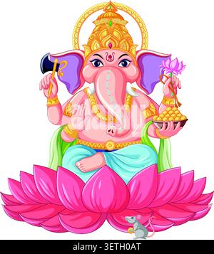 Bunte Vektor-Illustration der hinduistischen Gottheit Ganesha sitzt auf einer rosa Lotusblume Basis. Stock Vektor