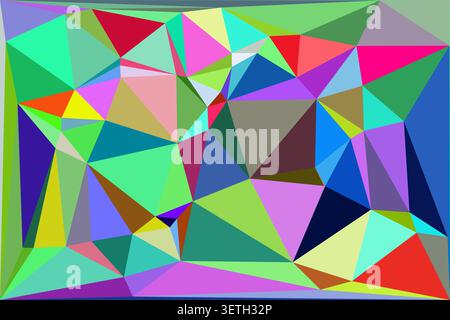 Dynamisches polygonales Design mit verschiedenen Grün-, Blau-, Rosa- und Gelbtönen. Moderne, vielseitige Oberfläche, ideal für digitale Kunst, Grafikdesign oder ein Stock Vektor