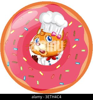 Vektor-Illustration eines Katzenbäckers, der einen Kochhut in einem gesprenkelten Donut trägt Stock Vektor
