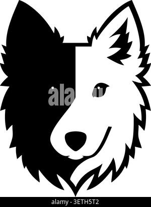 Flache Illustration eines schwarz-weißen Hundegesichts mit geteilten Farbmarkierungen spitz zulaufenden Ohren und einem ruhigen freundlichen Look Stock Vektor