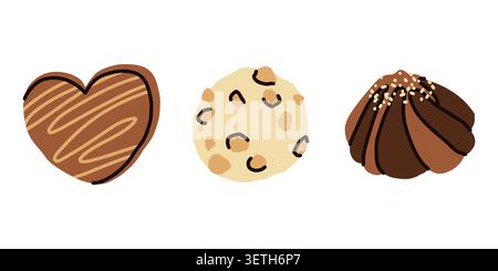 Schokoladentrüffel und herzförmiges Süßigkeiten-Set. Handgezeichnete Illustration von Gourmet-Pralinen und Creme-Süßigkeiten für Süßwaren-Branding, Weihnachtsgeschenk Stock Vektor