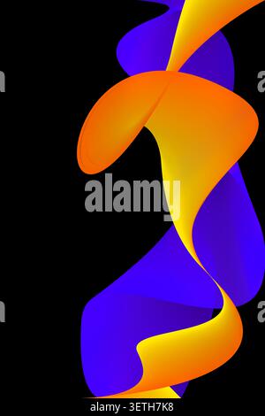 Modernes digitales Kunstwerk mit einem fließenden, verdrehten Band mit glatten orange, gelben und violetten Verläufen. Dieses minimalistische, lebendige, fließende Wellenmuster Stockfoto