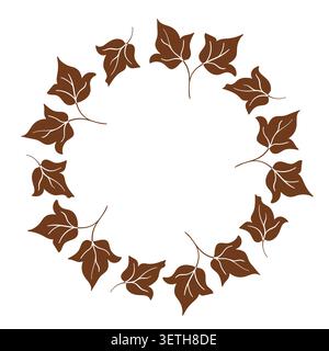 Runder Kranz mit braunen Baumwollblättern isoliert auf weißem Hintergrund. Botanische Blattrahmendekoration im Line Art Stil für Hochzeitseinladungen. Stock Vektor