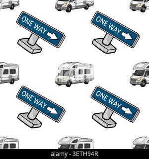 Nahtloses Vektormuster von weißen Wohnwagen und blauen „One Way“-Schildern auf einem weißen Hintergrund. Stock Vektor