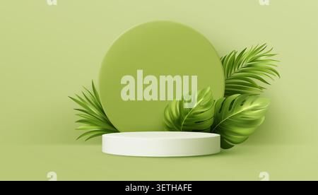 Tropisches Podiumdisplay mit grünen Palmenblättern und natürlichen Schatten. 3D-Produktplattform mit Monstera-Foliage, Sommer-Dschungel-Hintergrund für Stock Vektor