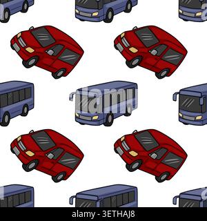 Nahtloses Vektormuster von roten Cartoon-Autos und blauen Bussen auf einem weißen Hintergrund Stock Vektor
