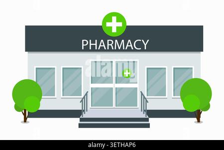 Apothekengebäude mit Blick auf Bäume. Isoliert auf weißem Hintergrund. Vektordesign. Stock Vektor