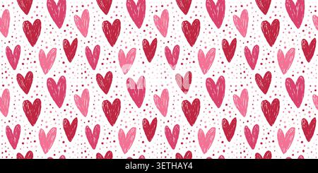 Nahtloses Valentinstag-Muster mit handgezeichneten Herzen in zartem Rosa und Rot, ideal für romantische Tapeten, Stoffdesign und Grußkarten. Stock Vektor