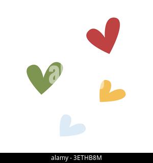 Minimalistische Kritzelherzen isoliert. Illustration des flachen Vektors. Grüne, rote, blaue und gelbe Herzformen für Dekorationen. Stock Vektor
