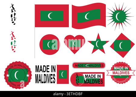 Flaches Vektorset, das die nationale Identität der Malediven repräsentiert, einschließlich Flaggen, Konturkarte der Malediven, Halbmondsymbole und „Made in Maldives“-Abzeichen. Stock Vektor