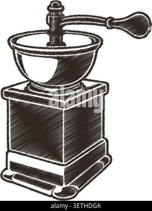 Detaillierte Abbildung einer manuellen Vintage-Kaffeemühle mit Griffschale und klassischem Holzgehäuse Stock Vektor