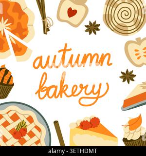 Herbst Bäckerei Vektor Vorlage Flache Geometrische Kürbis Kuchen Hintergrund Stock Vektor