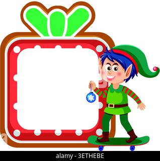 Cartoon Elfe reitet Skateboard neben leeren Feiertagsgeschenkrahmen auf weißem Hintergrund Vektor-Illustration. Stock Vektor