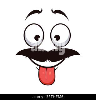Lustiger und fröhlicher Gesichtsausdruck, lächelndes Comic-Emoji mit großen Augen, dickem Schnurrbart und hervorstehender Zunge. Lustige, fröhliche und freche Emotionen für Emoji-Aufkleber und humorvolle Botschaften Stock Vektor