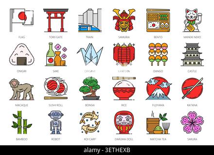 Japanische Reise- und Kulturlinie Symbole Vektorsatz. Flagge, Torii-Tor, Zug, Samurai, bento und maneki neko. Onigiri, Sake, Origami und Laterne, Dango, Schloss oder Makaken, Sushi-Roll, Bonsai und Sakura Stock Vektor