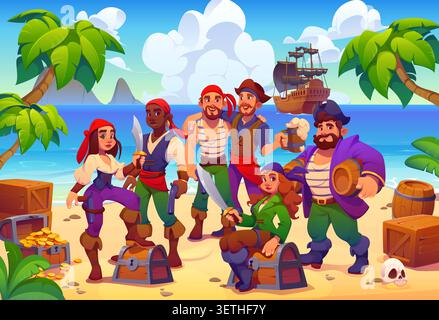 Karikatur-Piraten- und Korsair-Charaktere mit Schatztruhen und Fässern. Lebendige Piratenbesatzung mit Filibuster-Charakteren, die am tropischen Strand posieren. Lustige Illustration für Poster Stock Vektor