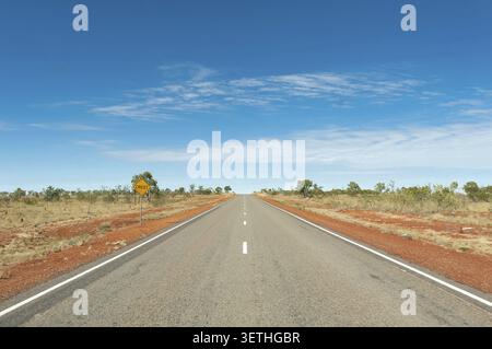 Endlose, gepflasterte Landstraße führt durch die weite rote Wüstenlandschaft des Outbacks mit einem typischen gelben Warnschild für einen Hügel unter hellem B Stockfoto