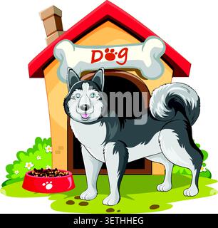 Vektor-Illustration eines sibirischen Huskys, der auf Gras neben seinem Zwinger und Essen steht Stock Vektor