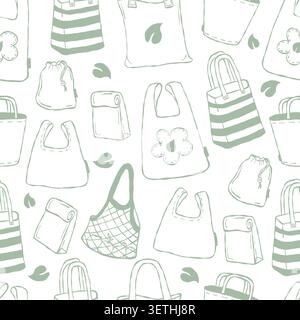 Eco-Taschen mit nahtlosem Muster und wiederverwendbare Einkaufstaschen. Grüne handgezeichnete nachhaltige Lebensmittelverpackung, Mesh und Einkaufstaschen auf weißem Hintergrund. Ve Stock Vektor